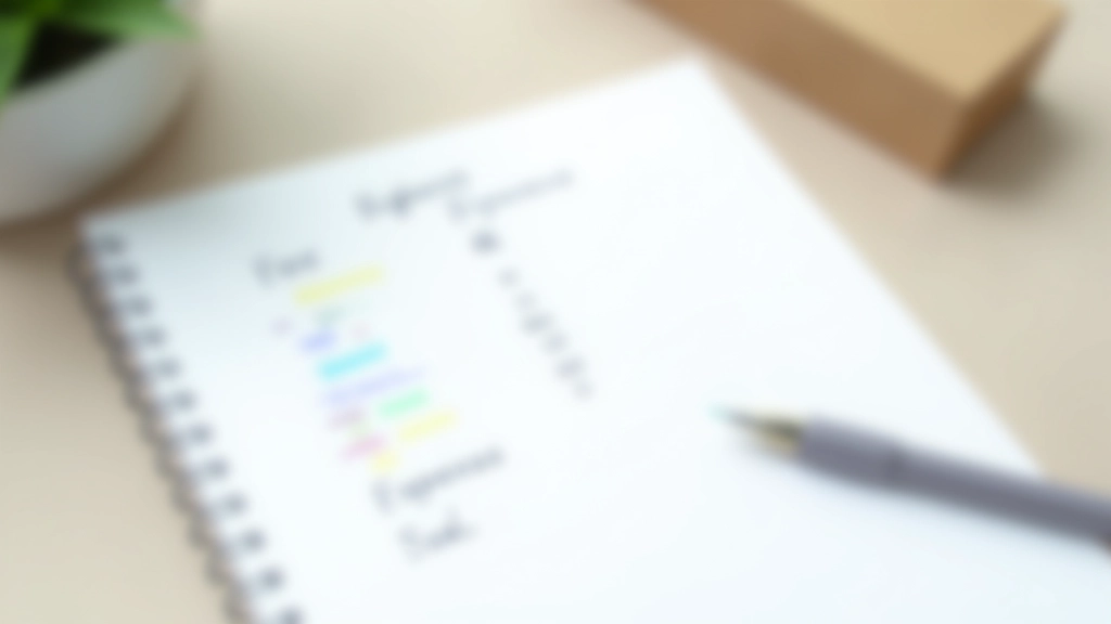 Colorful expense categories chart showing housing, food, transportation, utilities, and savings categories on notebook