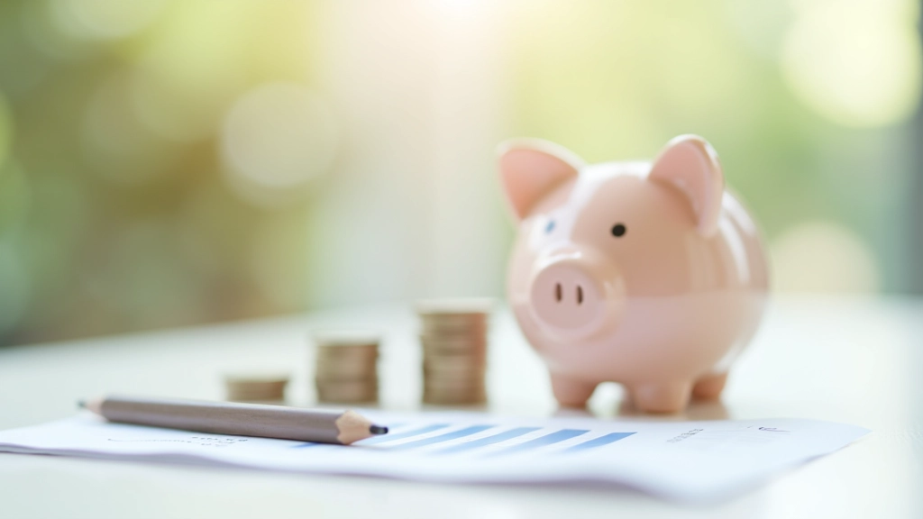 Piggy bank with coins and savings tracker on financial documents showing growth