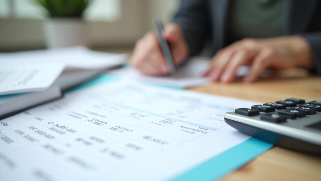 Credit card statements and debt tracker sheet with calculator showing payment plan