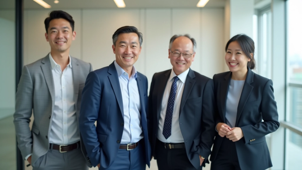 Team of financial education experts posing together in modern office environment