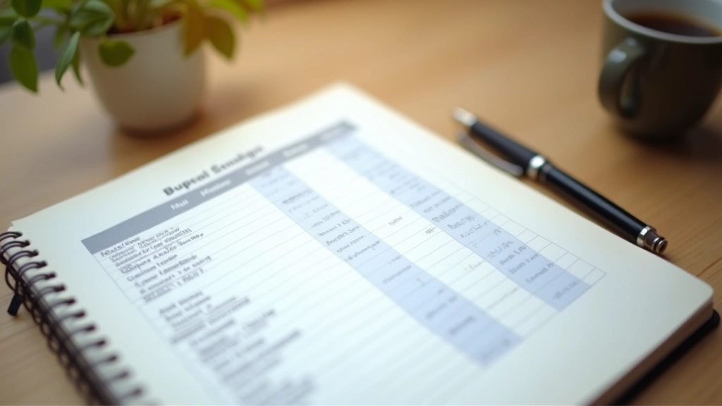 Notebook with budget planning spreadsheet and pen on desk with morning coffee