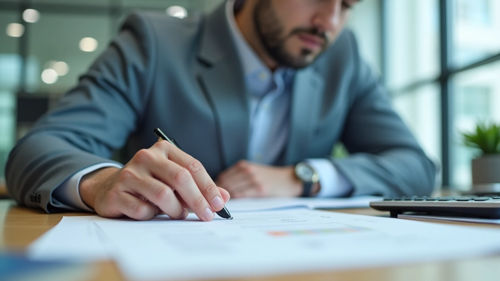 Professional reviewing financial documents at desk with calculator and notes