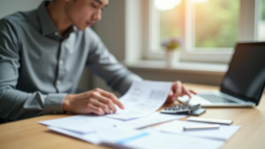 Person reviewing expense receipts and bills spread across a wooden desk with a calculator and pen