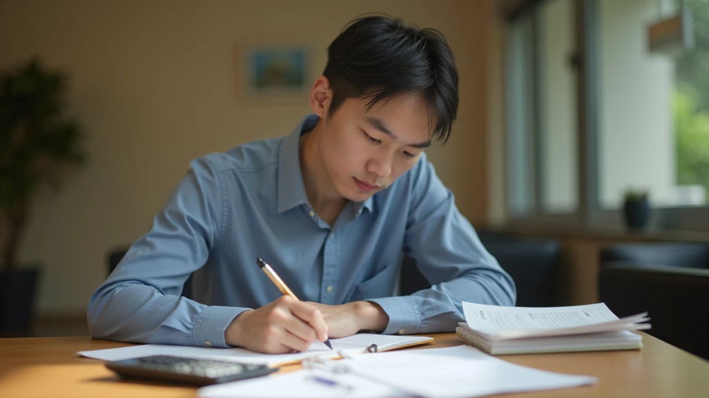 Person writing financial goals and investment plans in notebook with calculator and documents