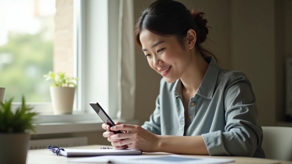 Person reviewing bank account on smartphone, with notebook showing savings goals and monthly targets written down